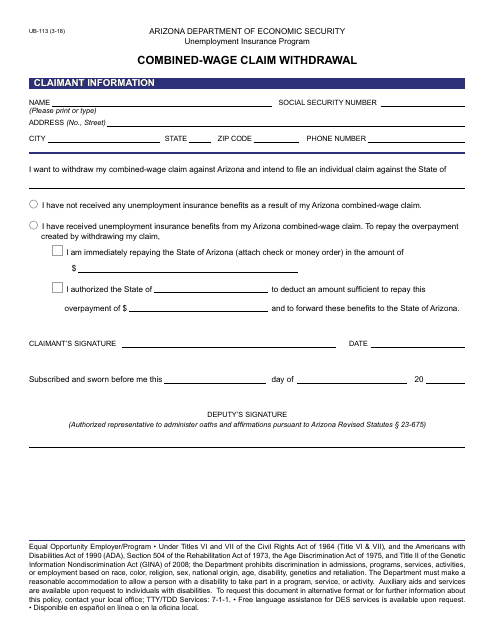 Form UB-113 Combined-Wage Claim Withdrawal - Arizona