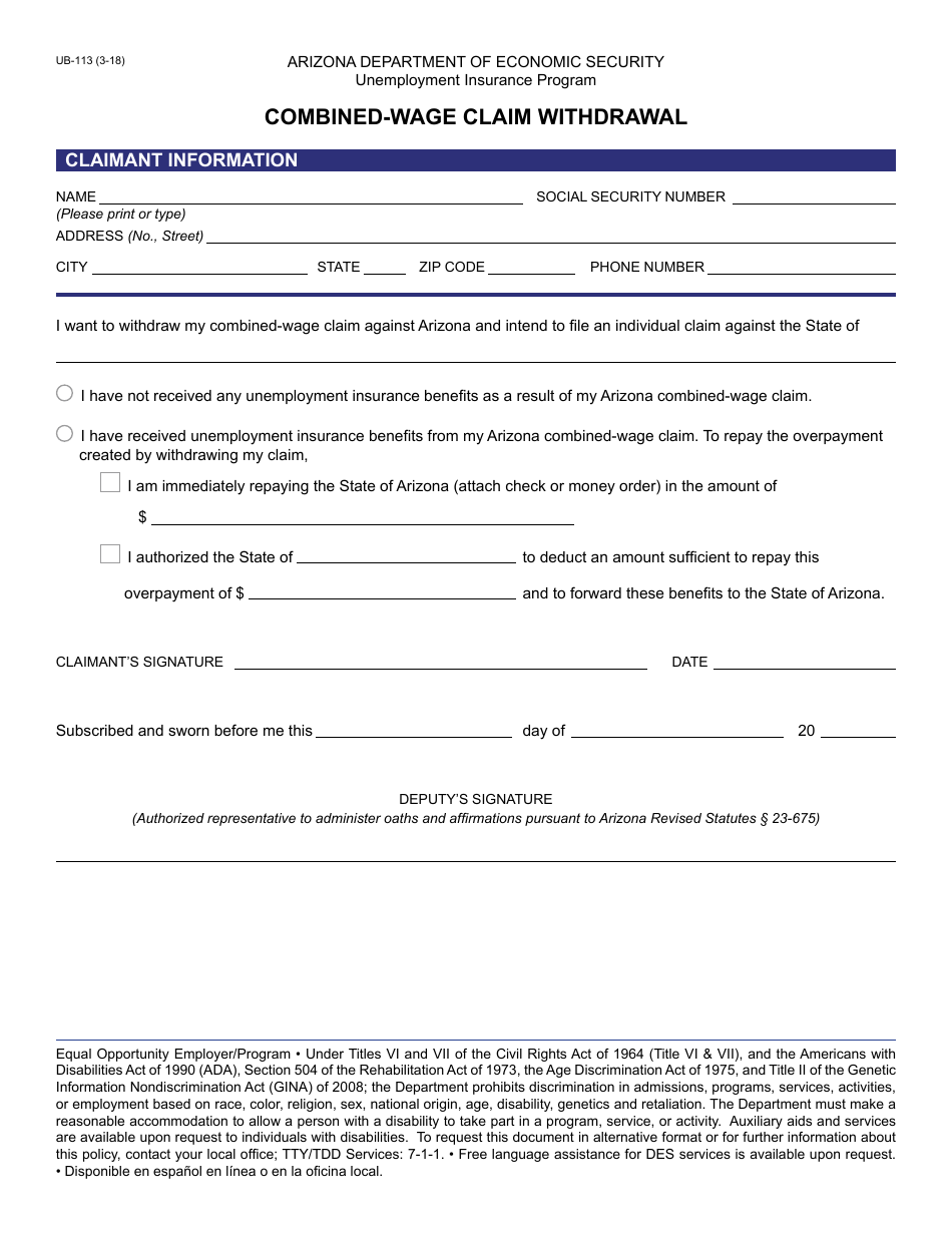 Form UB-113 Combined-Wage Claim Withdrawal - Arizona, Page 1