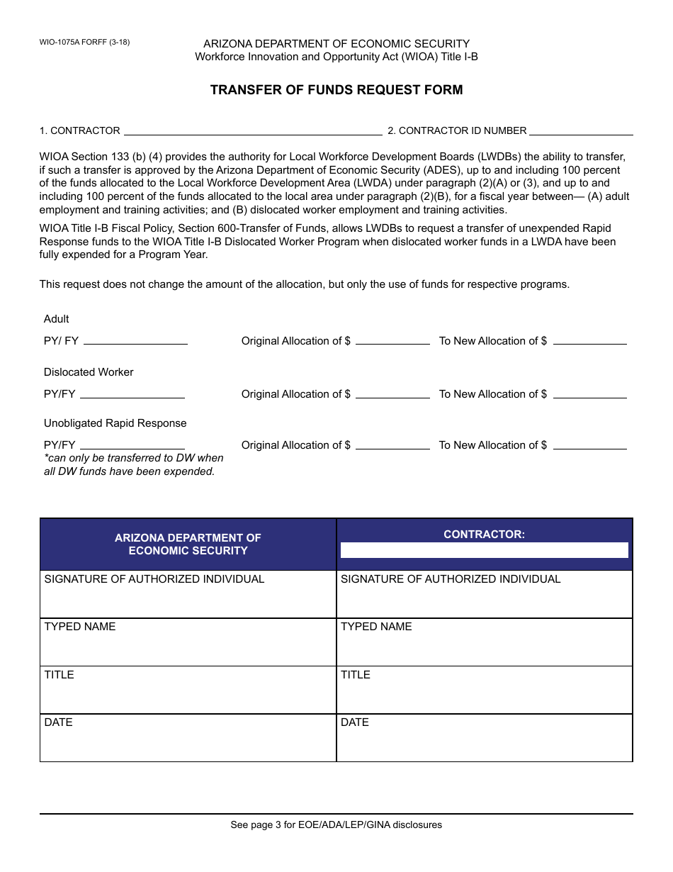 Form WIO-1075A Transfer of Funds Request Form - Arizona, Page 1