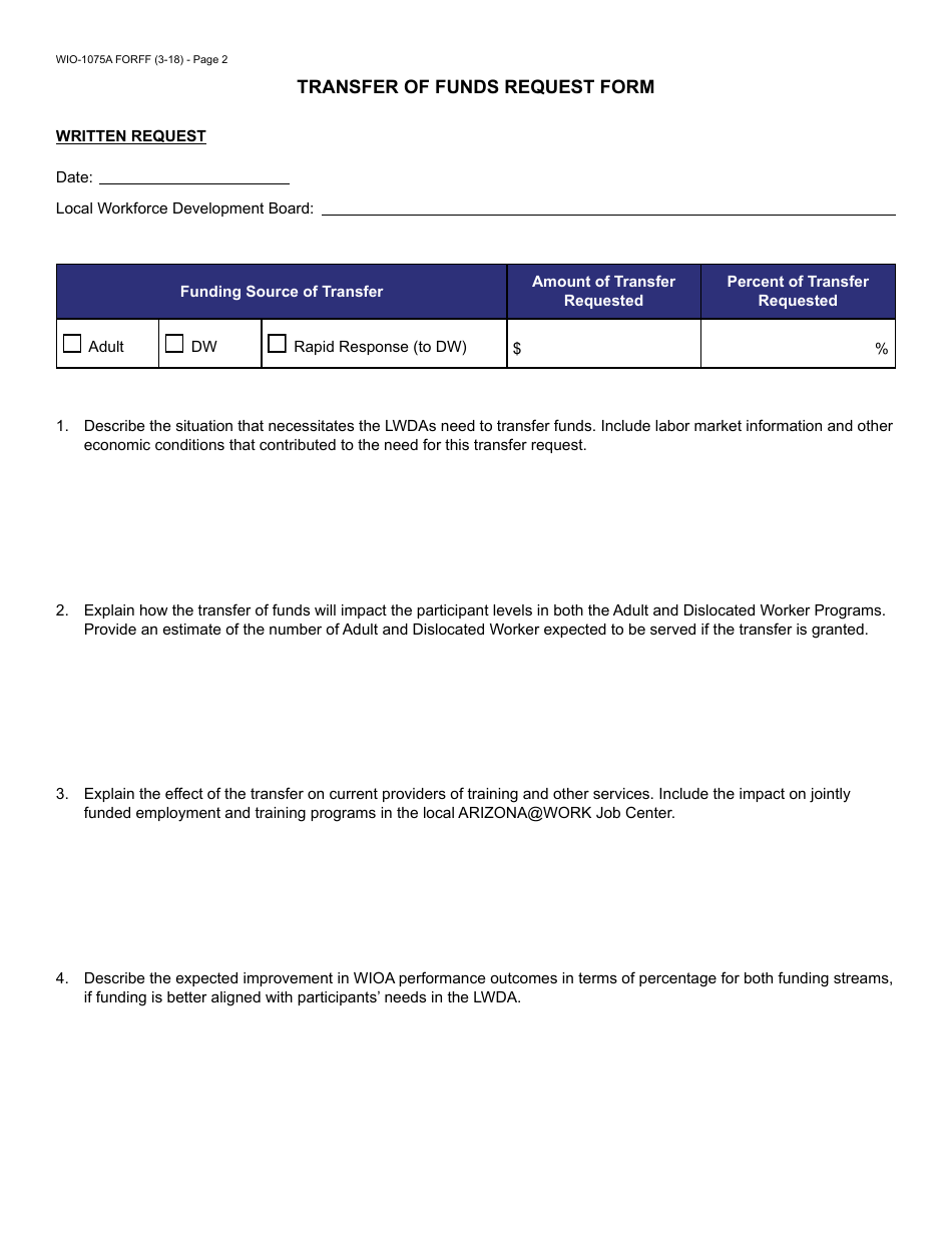 Form WIO-1075A Transfer of Funds Request Form - Arizona, Page 2