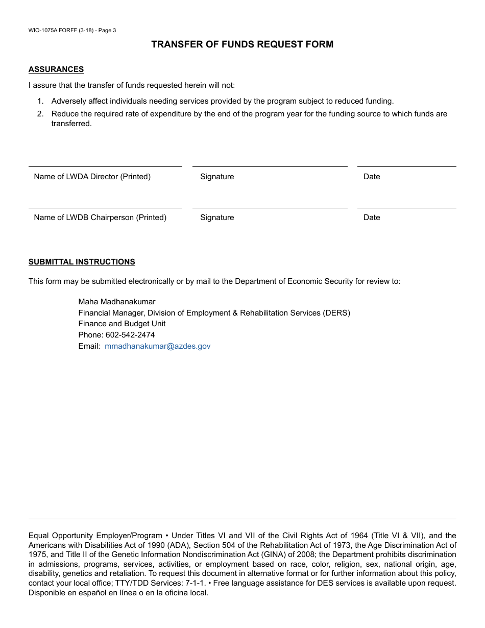 Form WIO-1075A Transfer of Funds Request Form - Arizona, Page 3