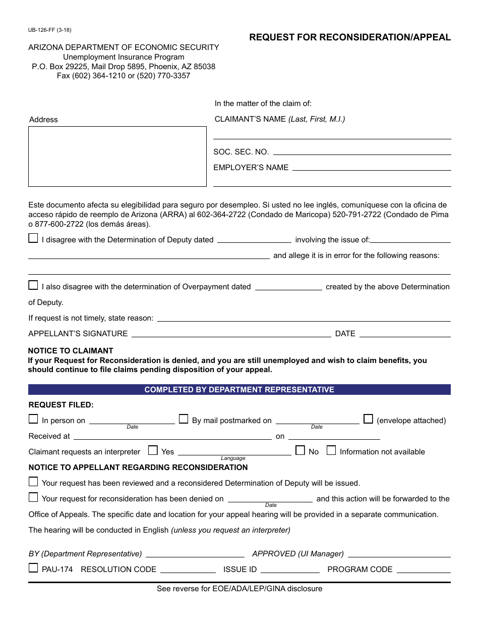 Form UB-126-FF Request for Reconsideration / Appeal - Arizona, Page 1