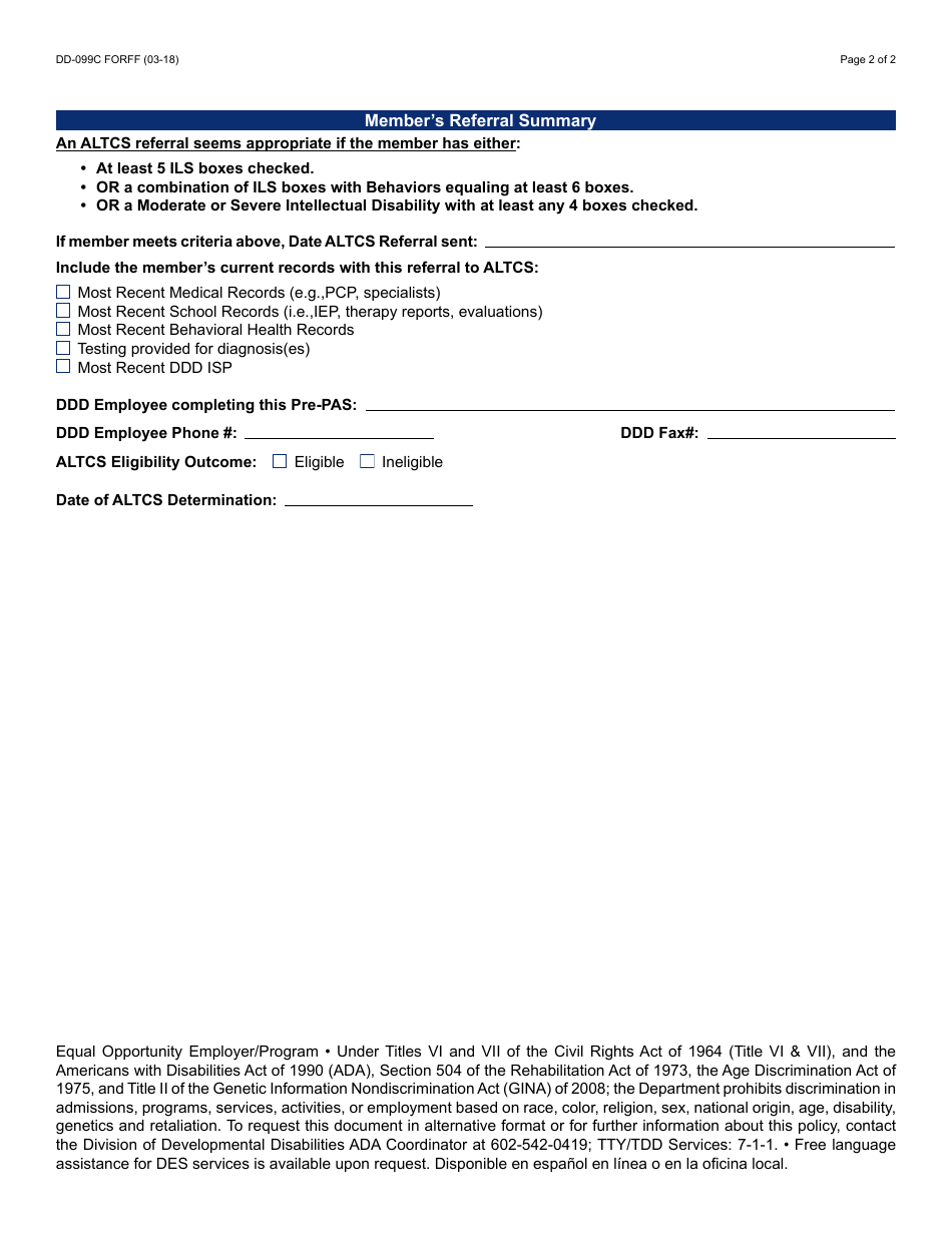 Form DD-099C Pre-pas Screening Tool Only for Members Between 6 and 11 Years Old - Arizona, Page 2