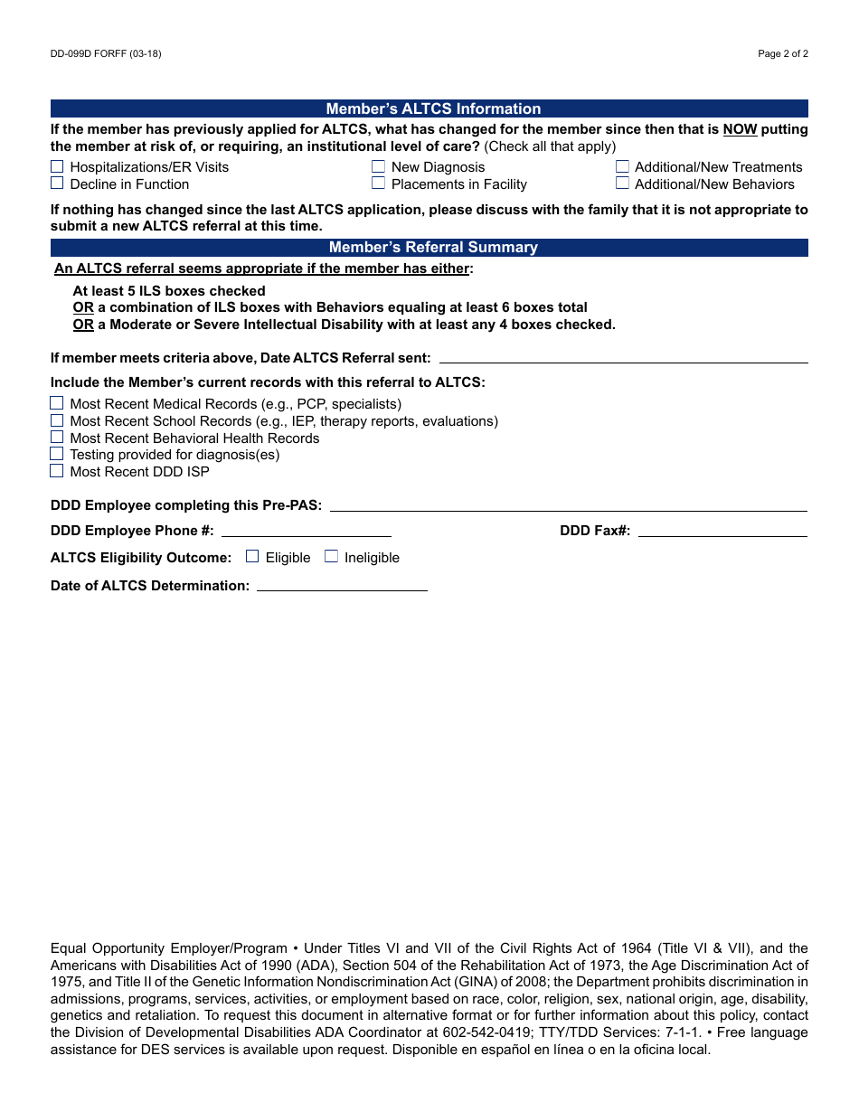 Form DD-099D FORFF Pre-pas Screening Tool for Members at Least 12 Years Old - Arizona, Page 2