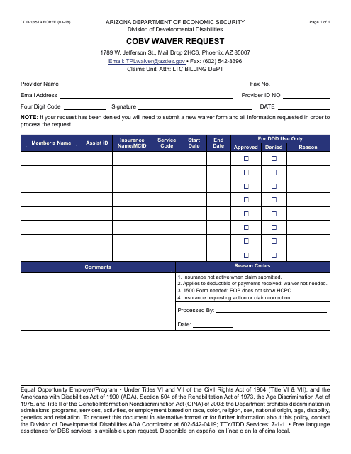 Form DDD-1651A FORFF Cobv Waiver Request - Arizona
