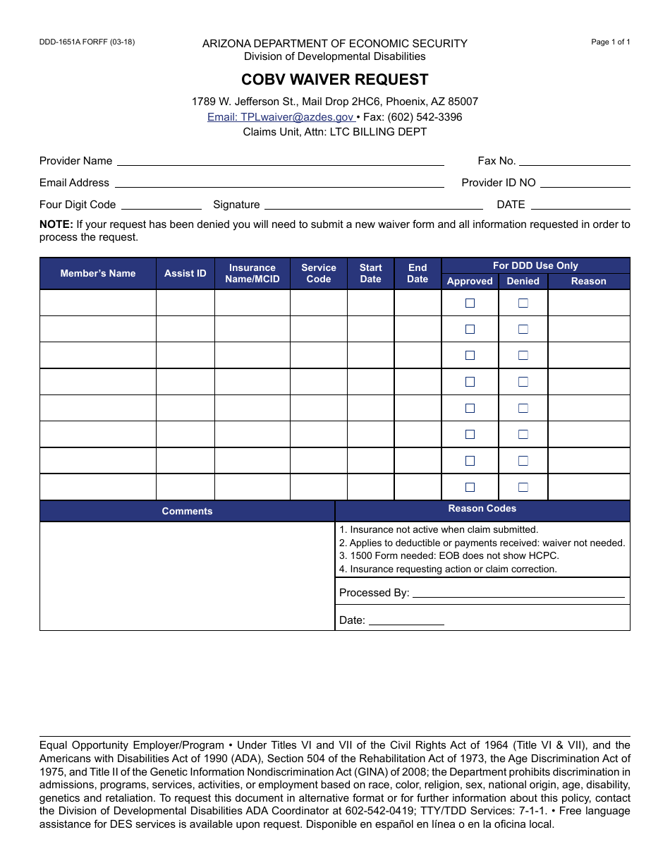 Form DDD-1651A FORFF Cobv Waiver Request - Arizona, Page 1