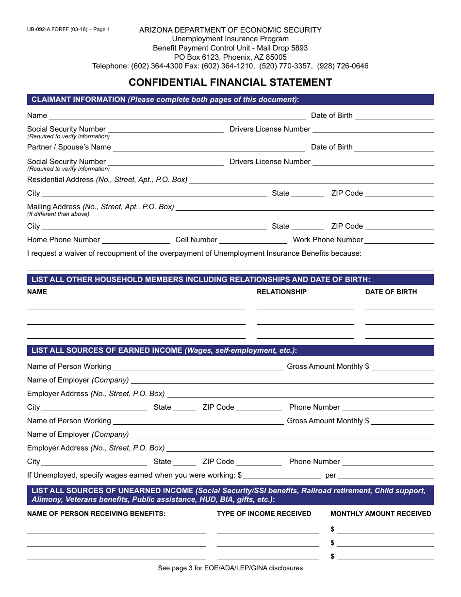 Form UB-092-A FORFF Confidential Financial Statement - Arizona, Page 1
