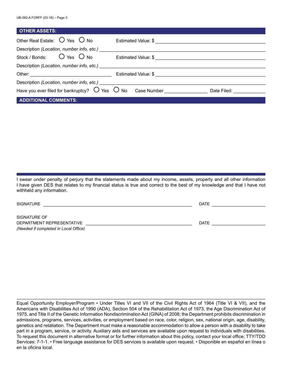 Form UB-092-A FORFF Confidential Financial Statement - Arizona, Page 3