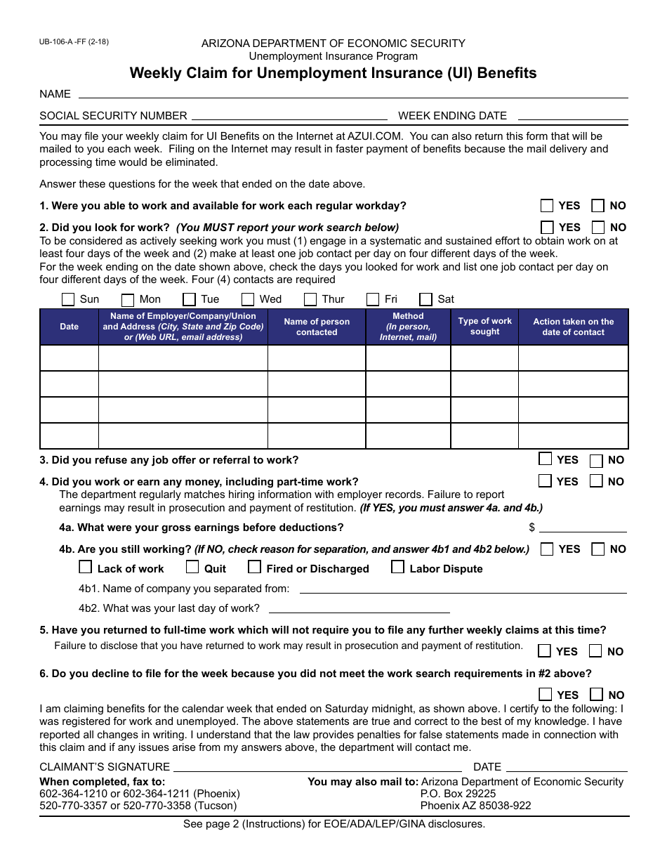 Form UB-106-A-FF Weekly Claim for Unemployment Insurance (Ui) Benefits - Arizona, Page 1