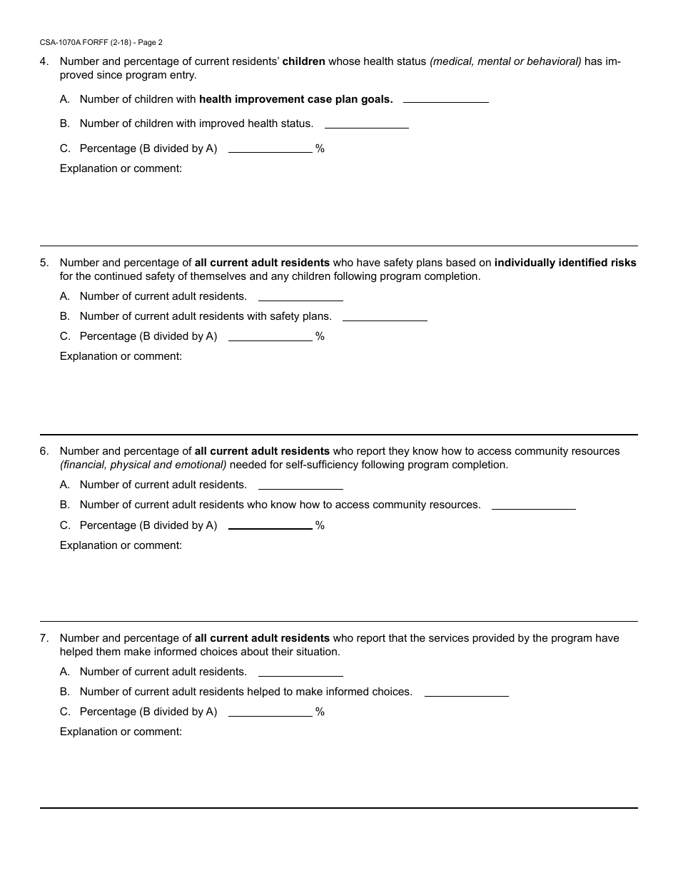 Form CSA-1070A FORFF Domestic Violence Housing Intervention Performance Measures - Arizona, Page 2
