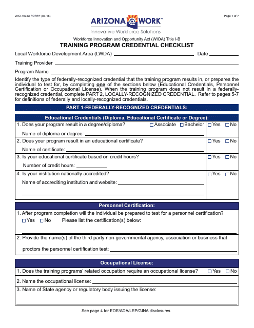 Form WIO-1031A FORFF Training Program Credential Checklist - Arizona