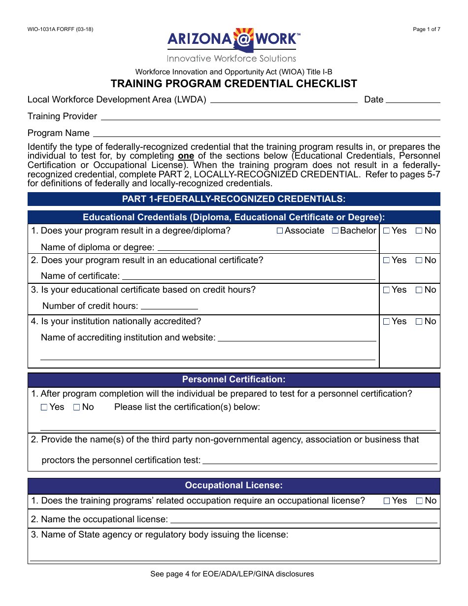 Form WIO-1031A FORFF Training Program Credential Checklist - Arizona, Page 1