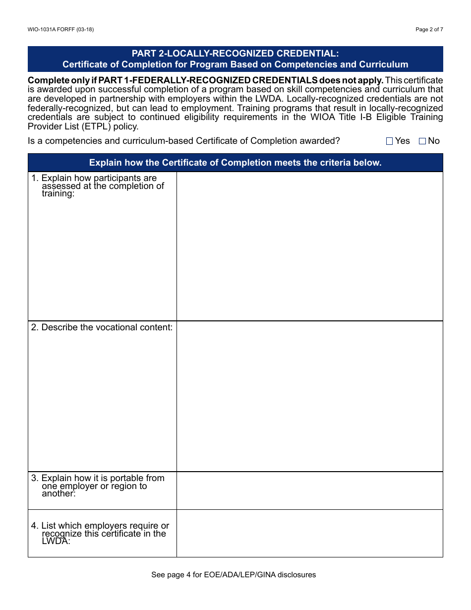 Form WIO-1031A FORFF Training Program Credential Checklist - Arizona, Page 2