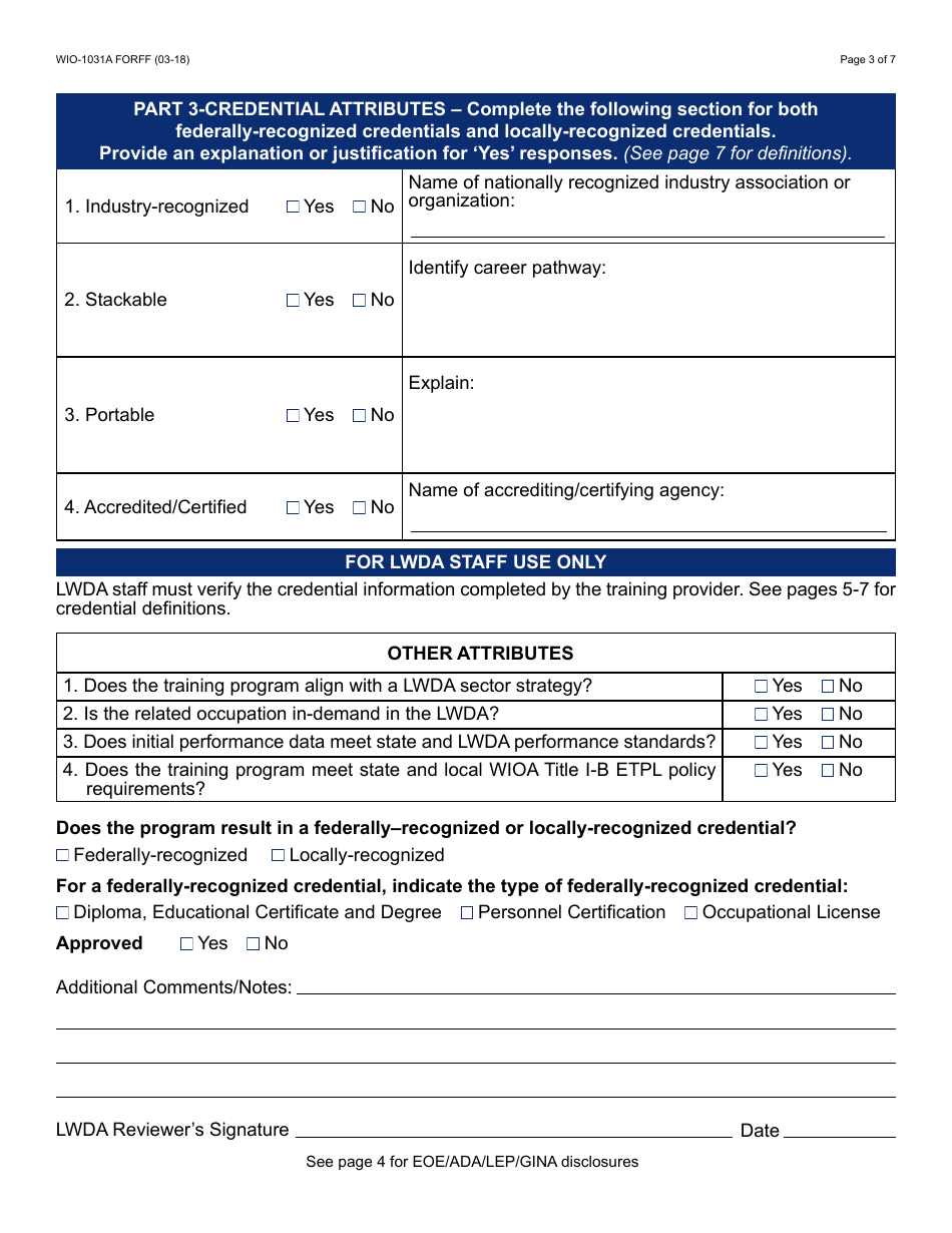 Form WIO-1031A FORFF Training Program Credential Checklist - Arizona, Page 3