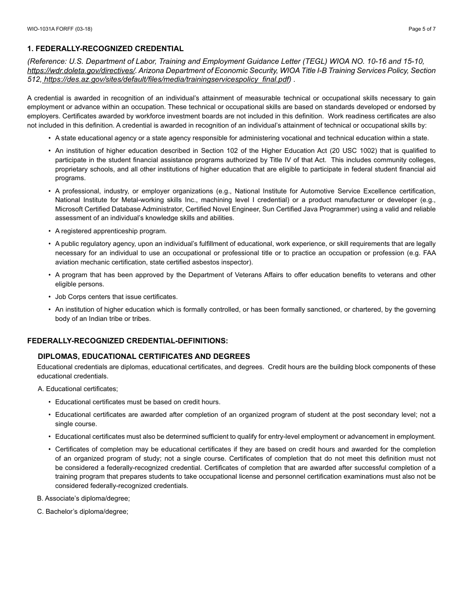 Form WIO-1031A FORFF Training Program Credential Checklist - Arizona, Page 5
