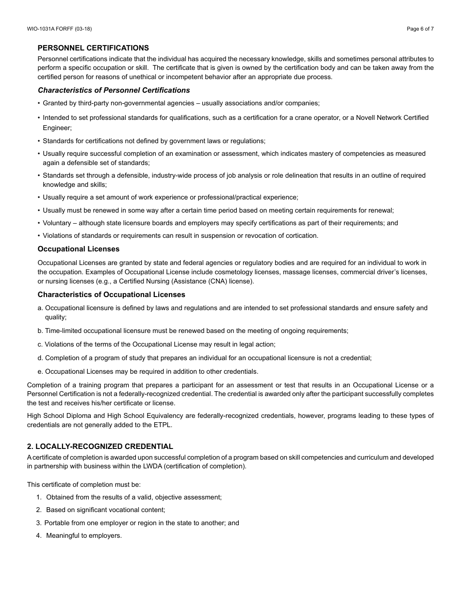 Form WIO-1031A FORFF Training Program Credential Checklist - Arizona, Page 6