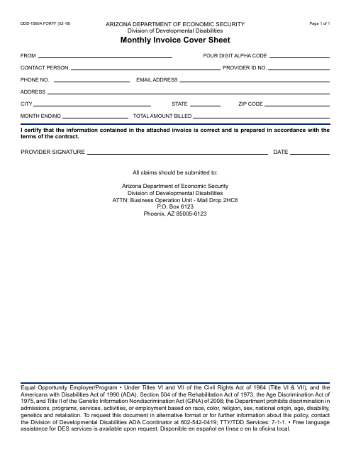 Form DDD-1590AFORFF Monthly Invoice Cover Sheet - Arizona