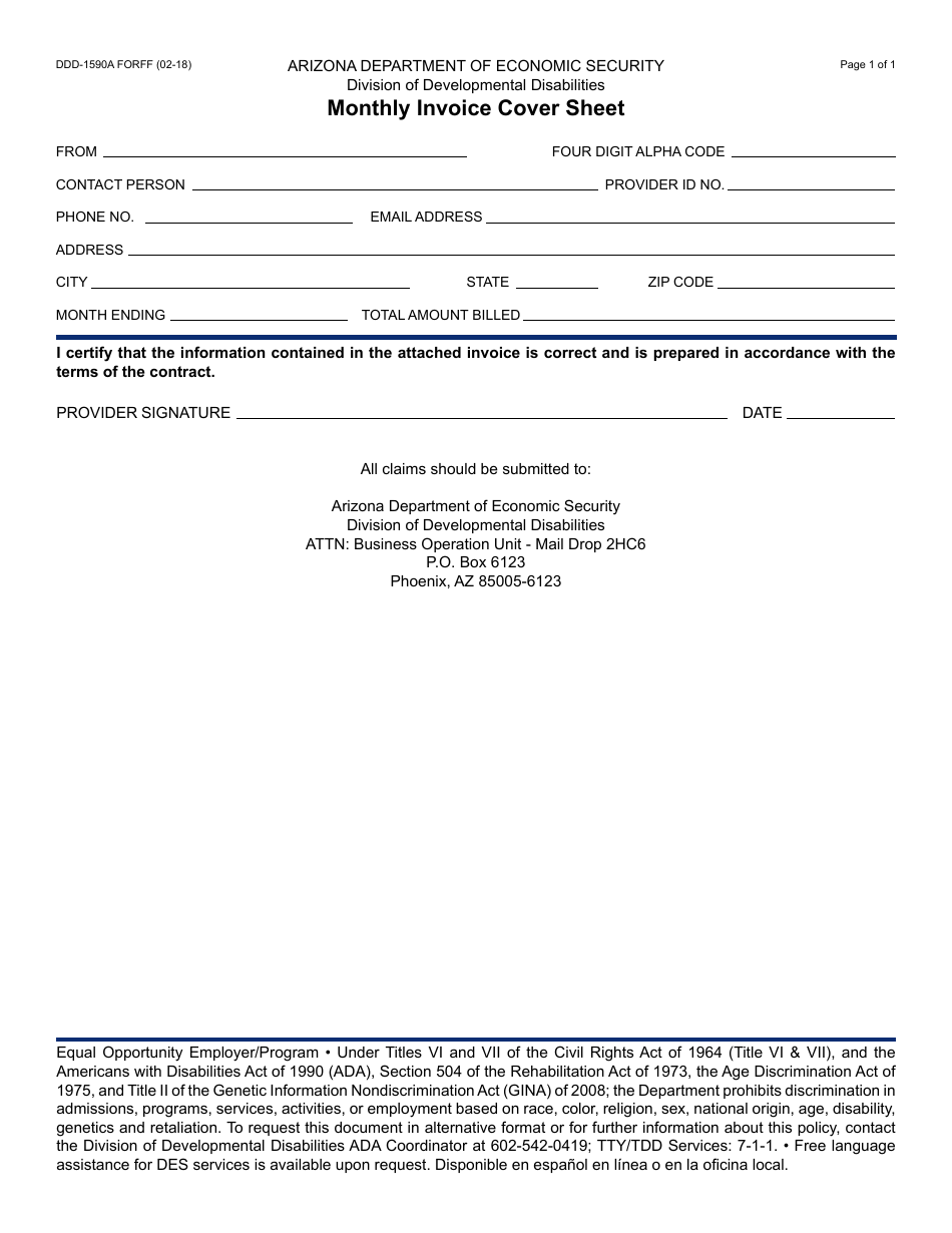 Form DDD-1590AFORFF Monthly Invoice Cover Sheet - Arizona, Page 1