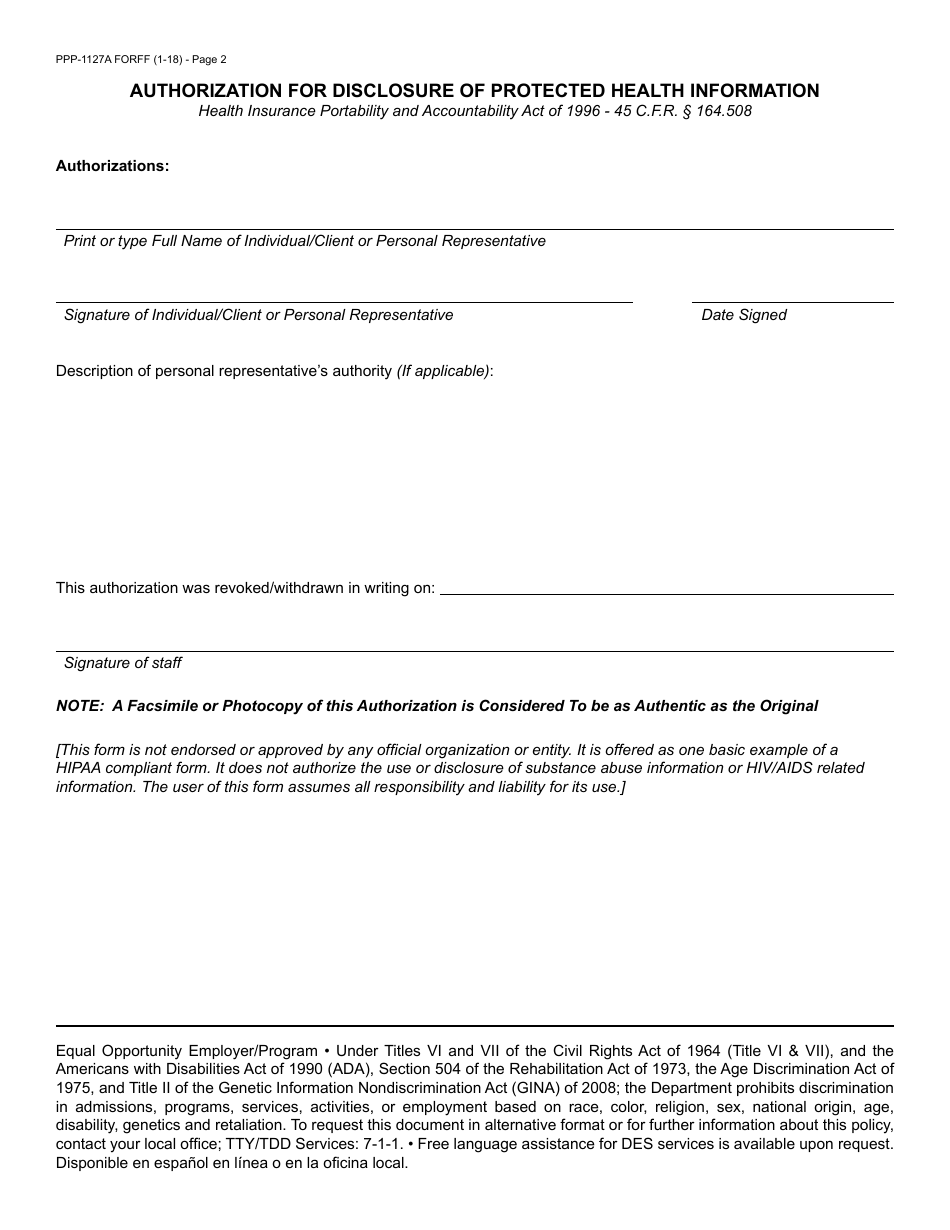 Form PPP-1127A FORFF Authorization for Disclosure of Protected Health Information - Arizona, Page 2