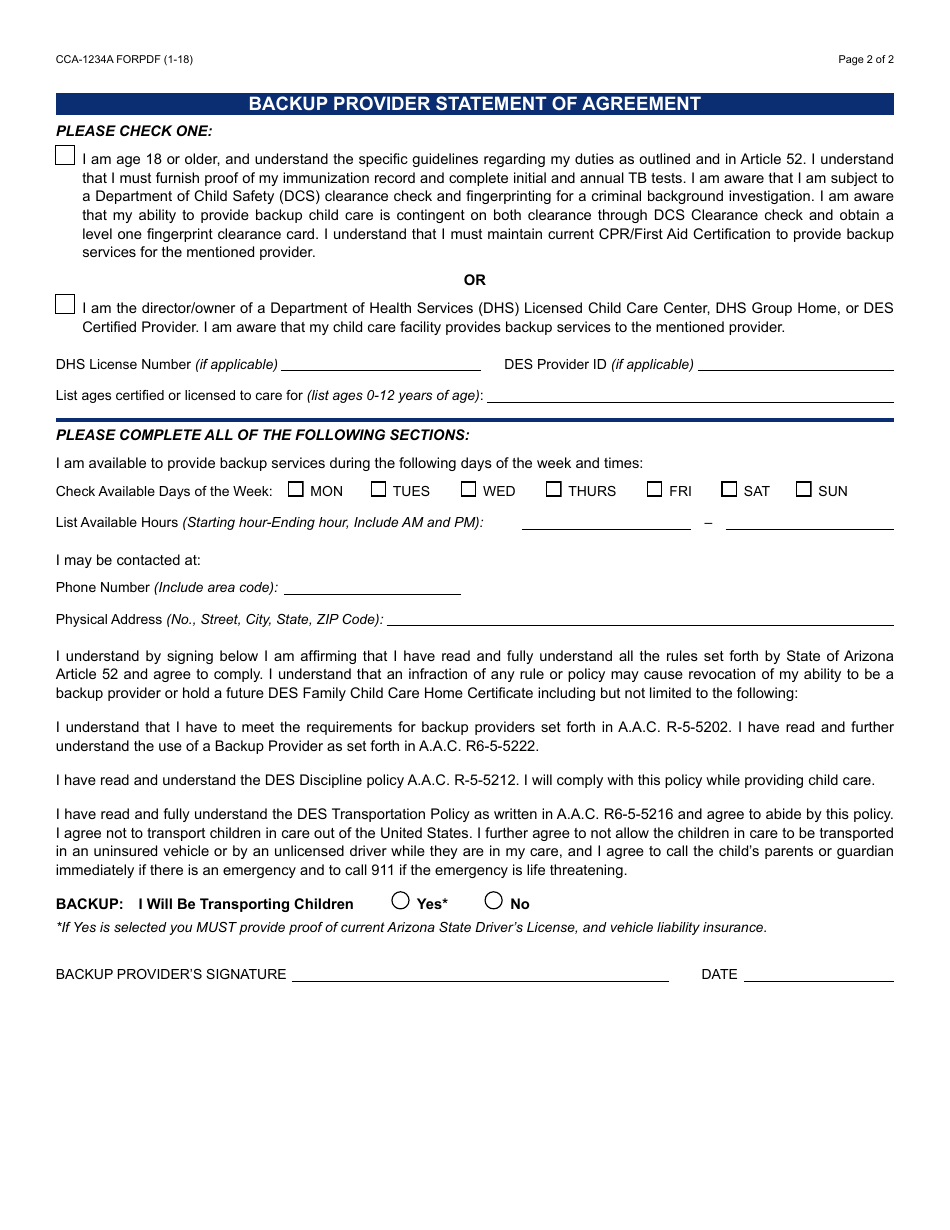 Form CCA-1234A FORPDF Family Child Care Home Backup Provider Backup, Discipline, and Transportation Agreement - Arizona, Page 2