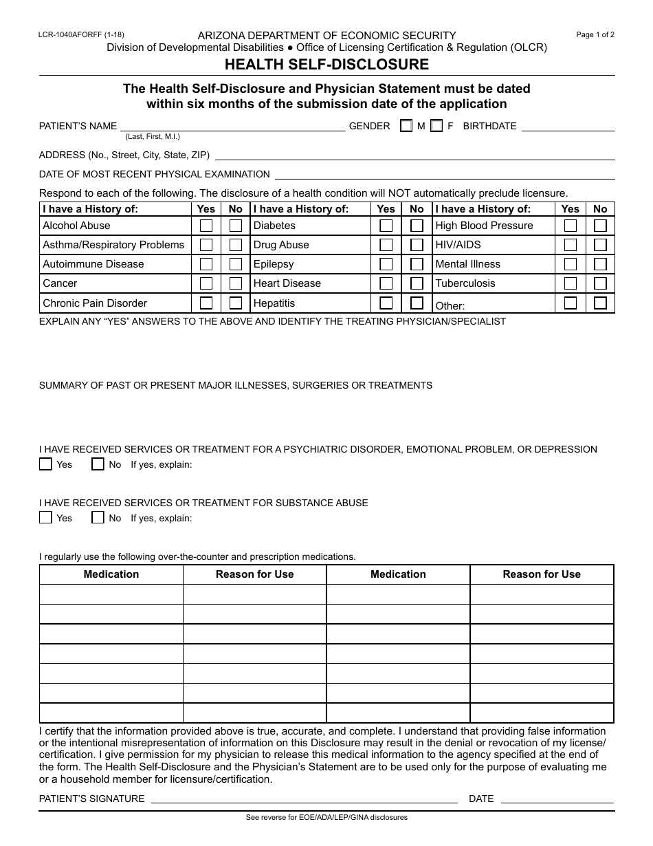 Form LCR-1040AFORFF Health Self-disclosure - Arizona, Page 1