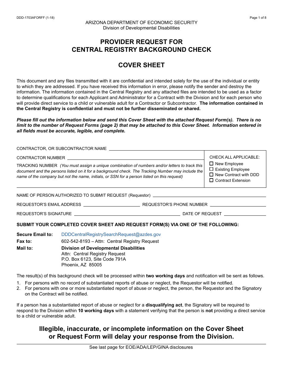 Form DDD-1703AFORFF Provider Request for Central Registry Background Check - Arizona, Page 1