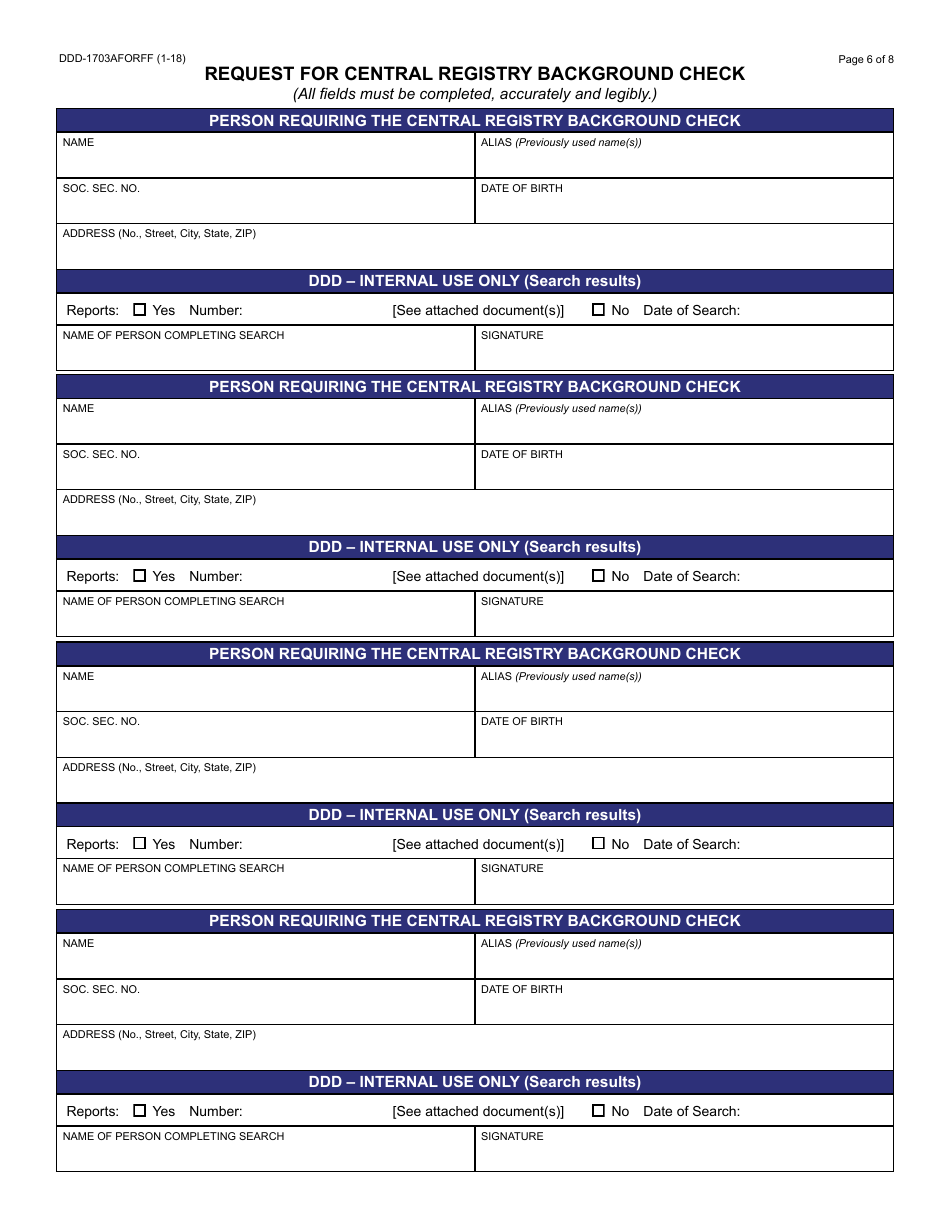 Form DDD-1703AFORFF Provider Request for Central Registry Background Check - Arizona, Page 6