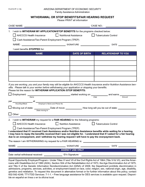 Form FA-574-FF Withdrawal or Stop Benefits/Fair Hearing Request - Arizona
