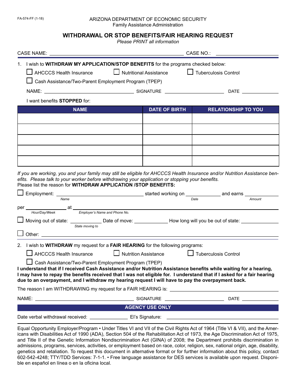 Form FA-574-FF Withdrawal or Stop Benefits / Fair Hearing Request - Arizona, Page 1