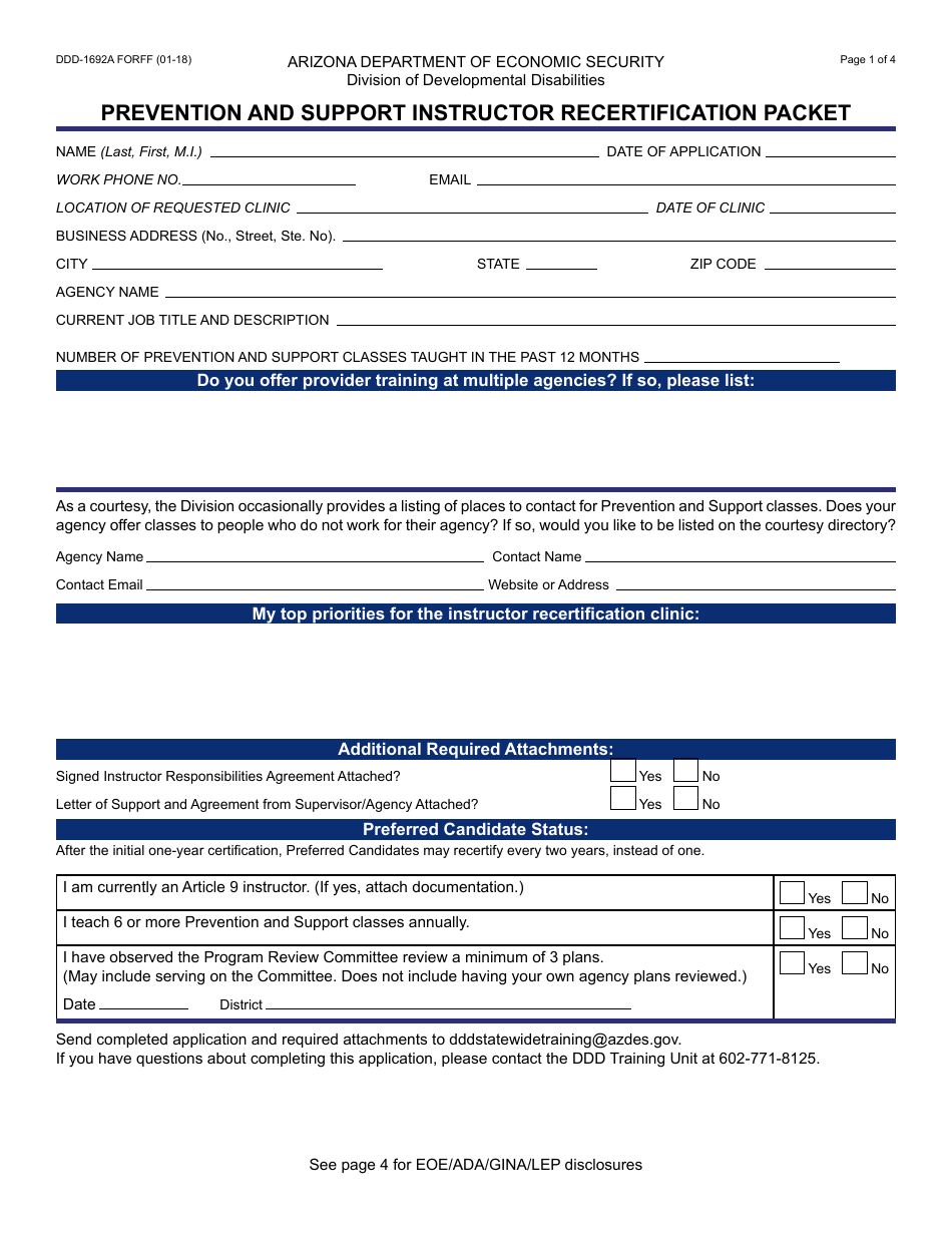 Form DDD-1692A FORFF Prevention and Support Instructor Recertification Packet - Arizona, Page 1