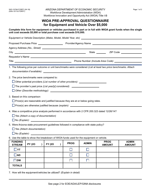 Form WIO-1079A FORFF Wioa Pre-approval Questionnaire for Equipment and Vehicles Over $5,000 - Arizona