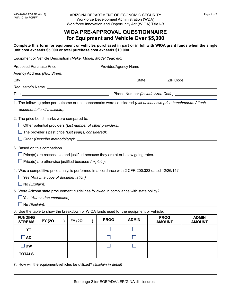 Form WIO-1079A FORFF Wioa Pre-approval Questionnaire for Equipment and Vehicles Over $5,000 - Arizona, Page 1