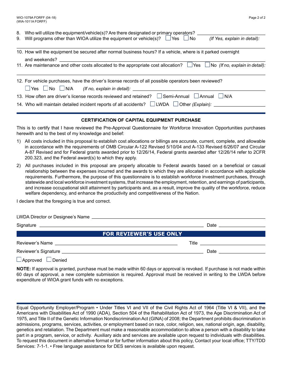 Form WIO-1079A FORFF Wioa Pre-approval Questionnaire for Equipment and Vehicles Over $5,000 - Arizona, Page 2