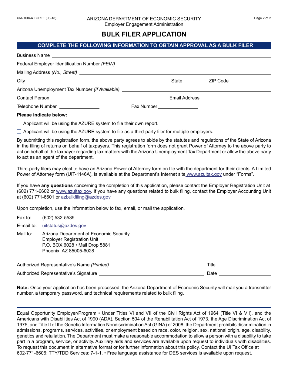 Form UIA-1004A FORFF Bulk Filer Application - Arizona, Page 2
