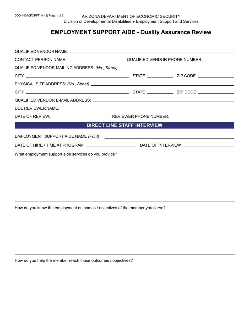 Form DDD-1404CFORFF Employment Support Aide - Quality Assurance Review - Arizona, Page 1