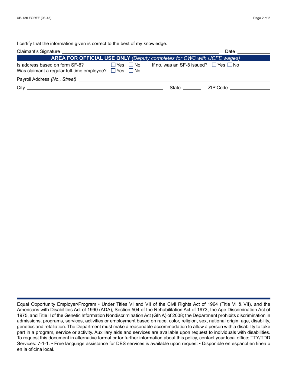 Form UB-130 FORFF Work History - Arizona, Page 2