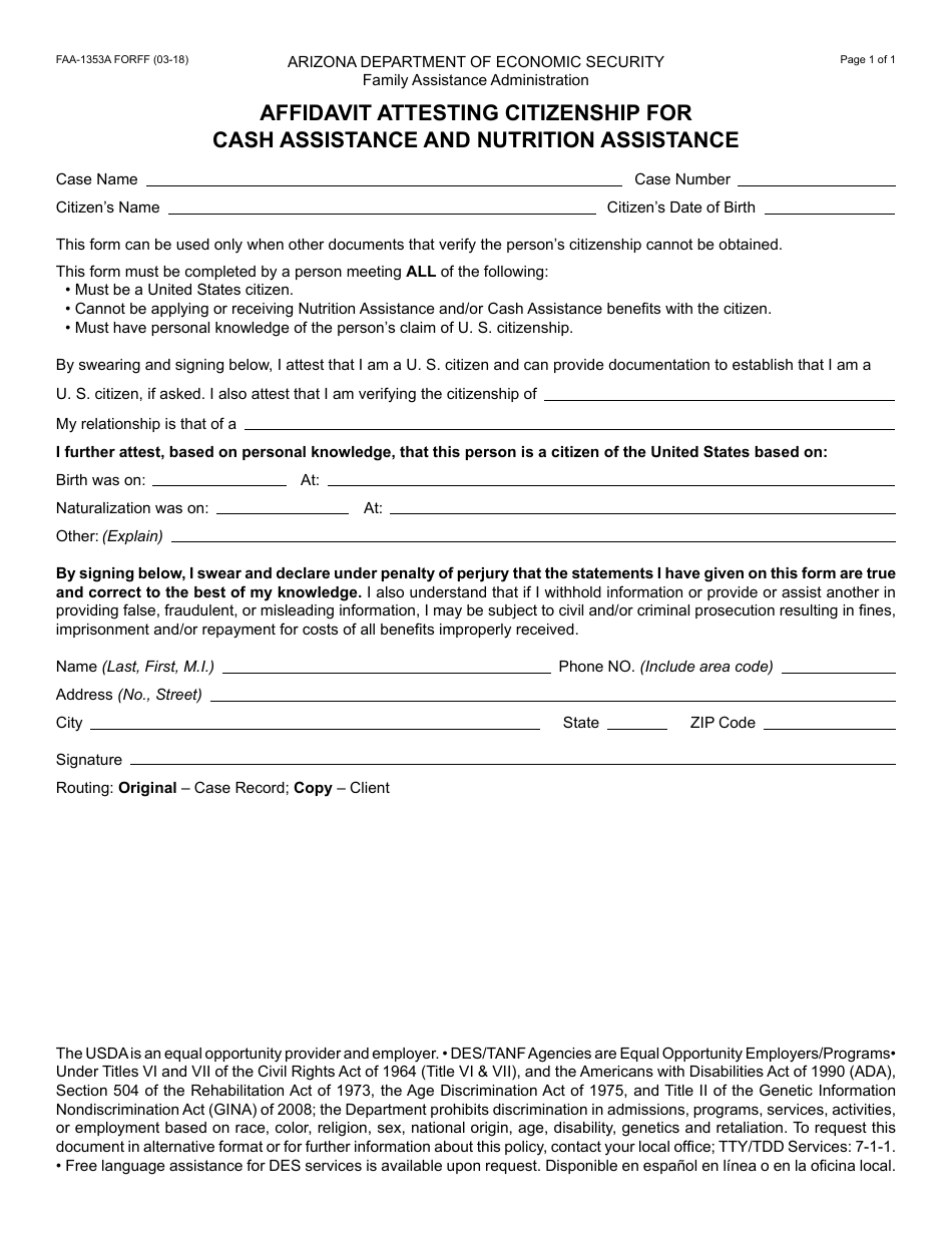 Form FAA-1353A Affidativ Attesting Citizenship for Cash Assistance and Nutrition Assistance - Arizona, Page 1