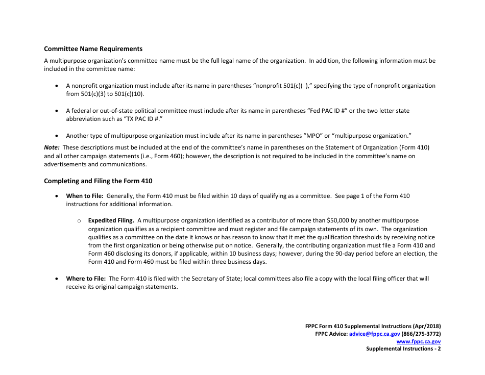 Instructions for FPPC Form 410 Statement of Organization for Multipurpose Organizations Including Nonprofits - California, Page 2
