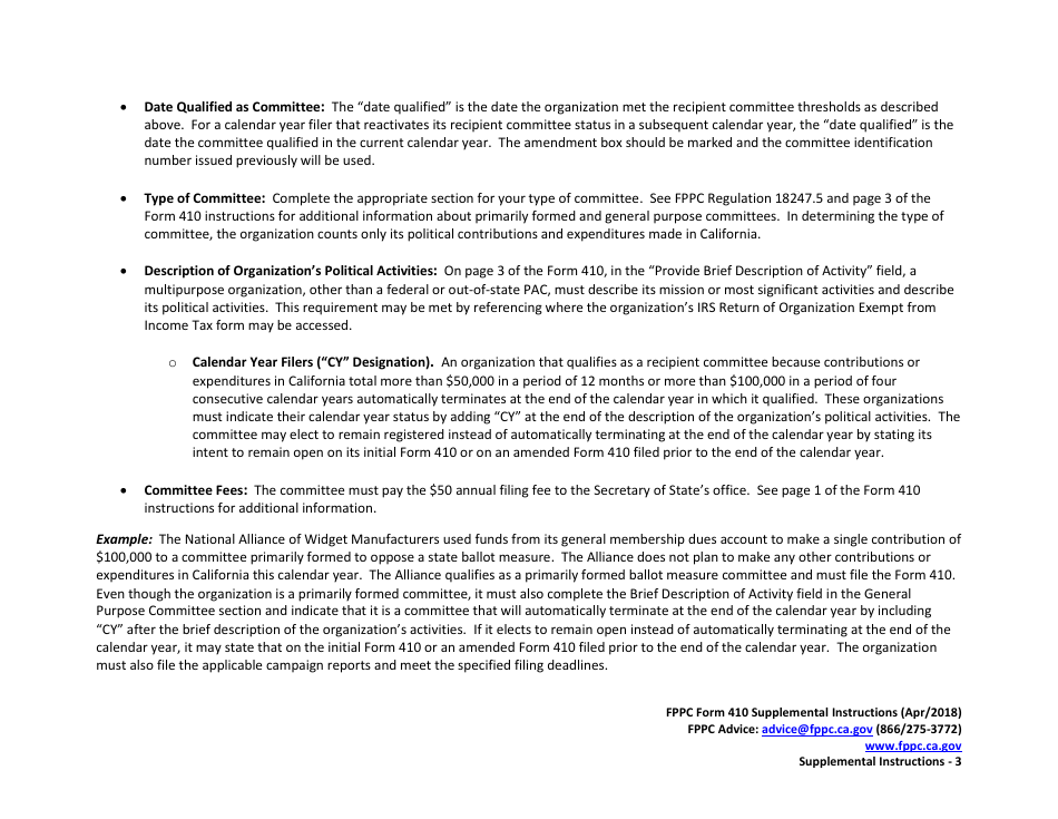 Instructions for FPPC Form 410 Statement of Organization for Multipurpose Organizations Including Nonprofits - California, Page 3