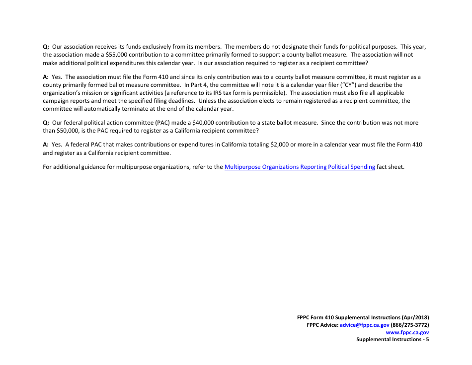 Instructions for FPPC Form 410 Statement of Organization for Multipurpose Organizations Including Nonprofits - California, Page 5
