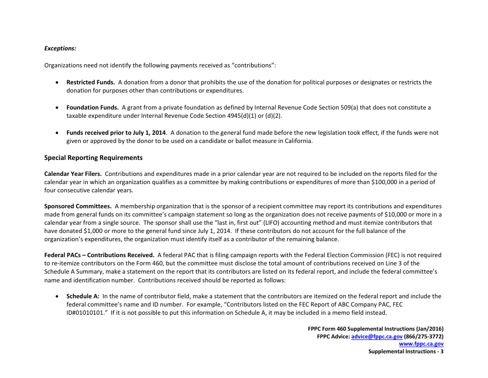 Instructions for FPPC Form 460 Recipient Committee Campaign Statement for Multipurpose Organizations Including Nonprofits - California, Page 3