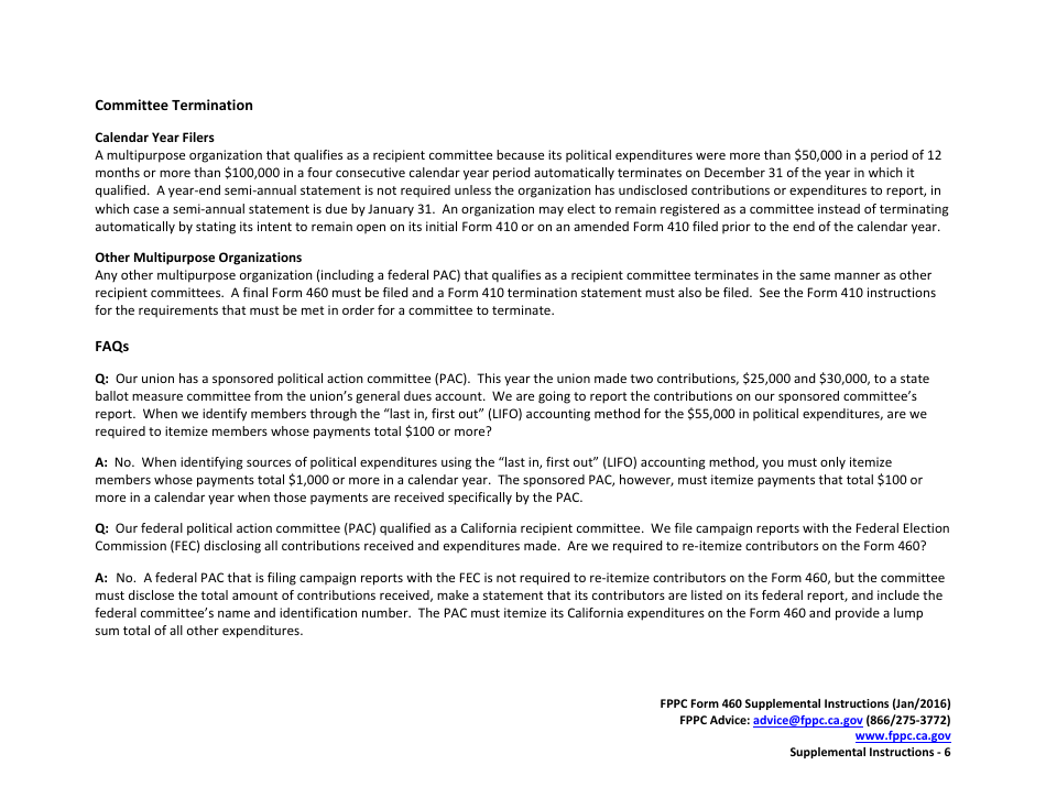 Instructions for FPPC Form 460 Recipient Committee Campaign Statement for Multipurpose Organizations Including Nonprofits - California, Page 6