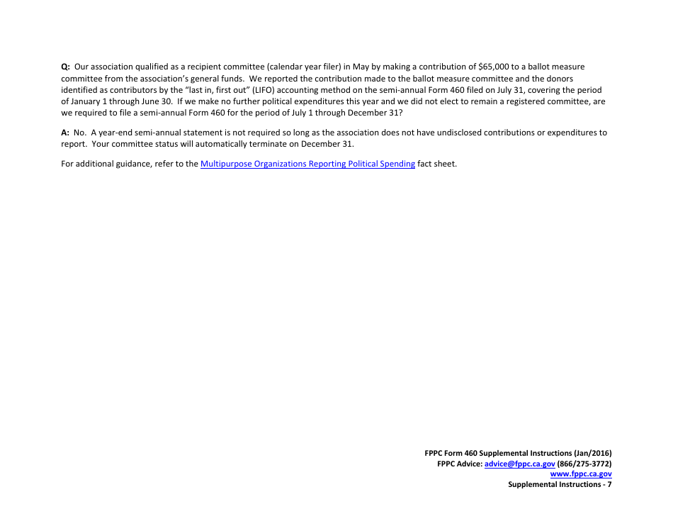 Instructions for FPPC Form 460 Recipient Committee Campaign Statement for Multipurpose Organizations Including Nonprofits - California, Page 7