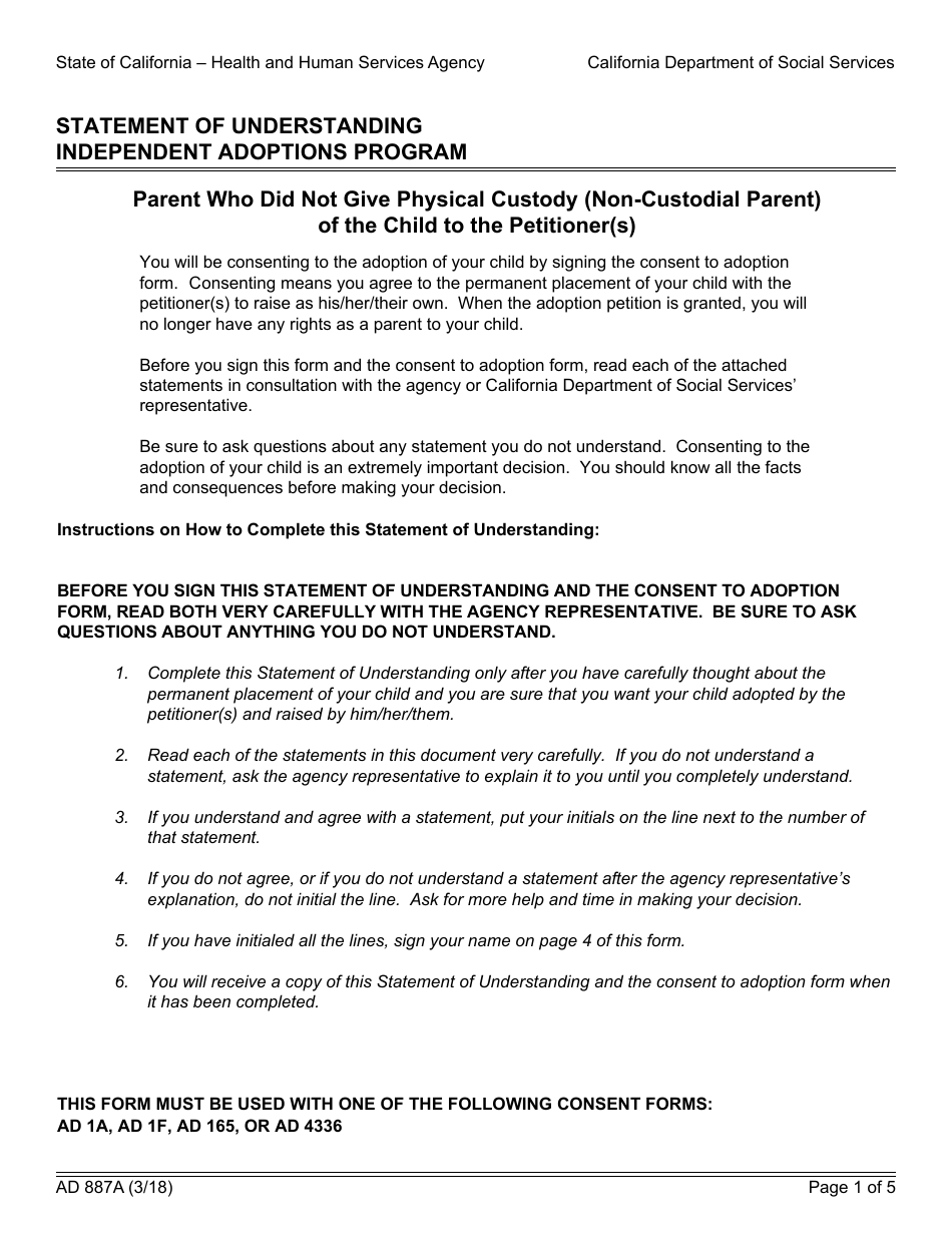 Form AD887A Statement of Understanding Independent Adoptions Program - Parent Who Did Not Give Physical Custody (Non-custodial Parent) of the Child to the Petitioner(S) - California, Page 1
