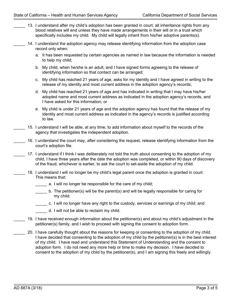 Form AD887A Statement of Understanding Independent Adoptions Program - Parent Who Did Not Give Physical Custody (Non-custodial Parent) of the Child to the Petitioner(S) - California, Page 3