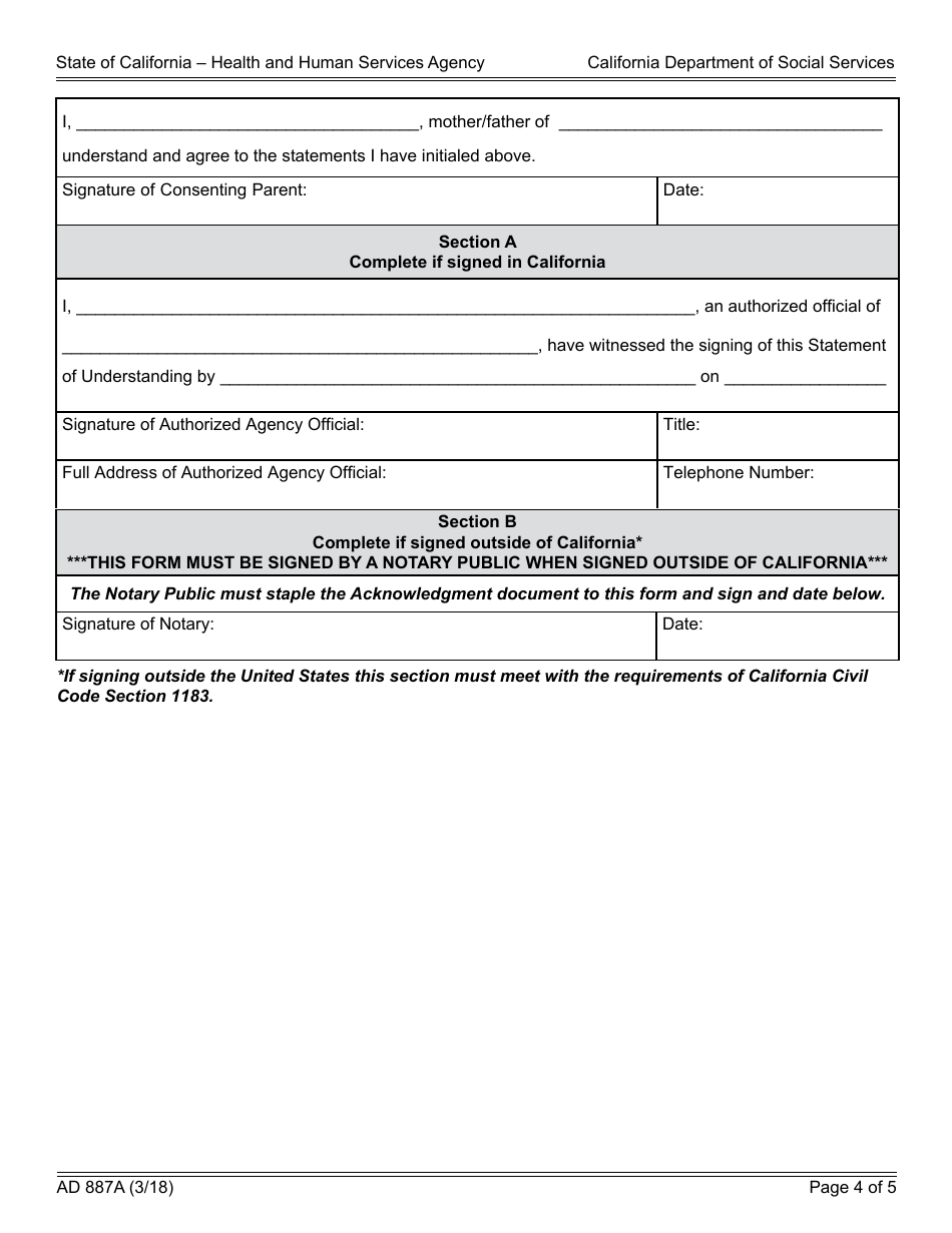 Form AD887A Statement of Understanding Independent Adoptions Program - Parent Who Did Not Give Physical Custody (Non-custodial Parent) of the Child to the Petitioner(S) - California, Page 4