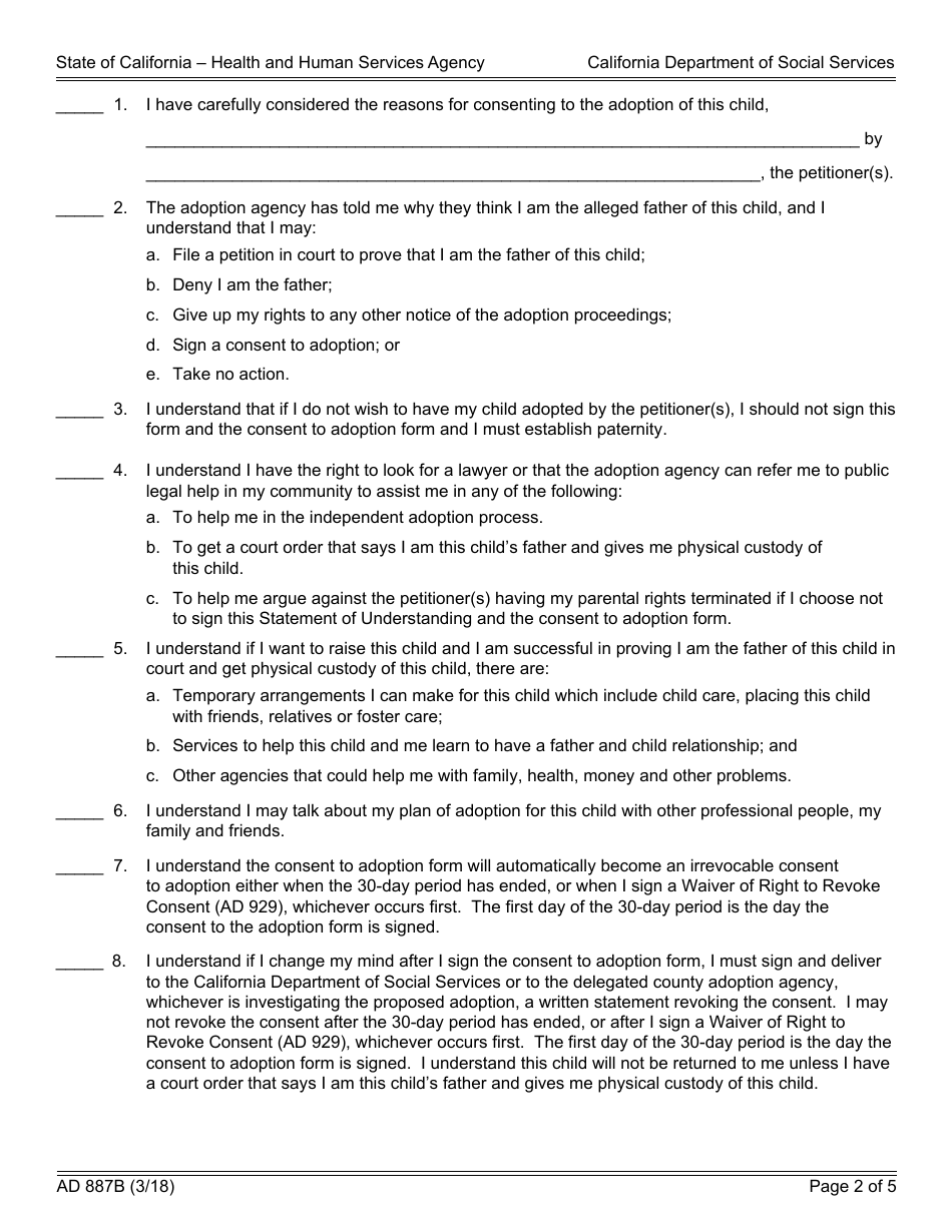 Form AD887B Statement of Understanding Independent Adoptions Program - Alleged Father - California, Page 2
