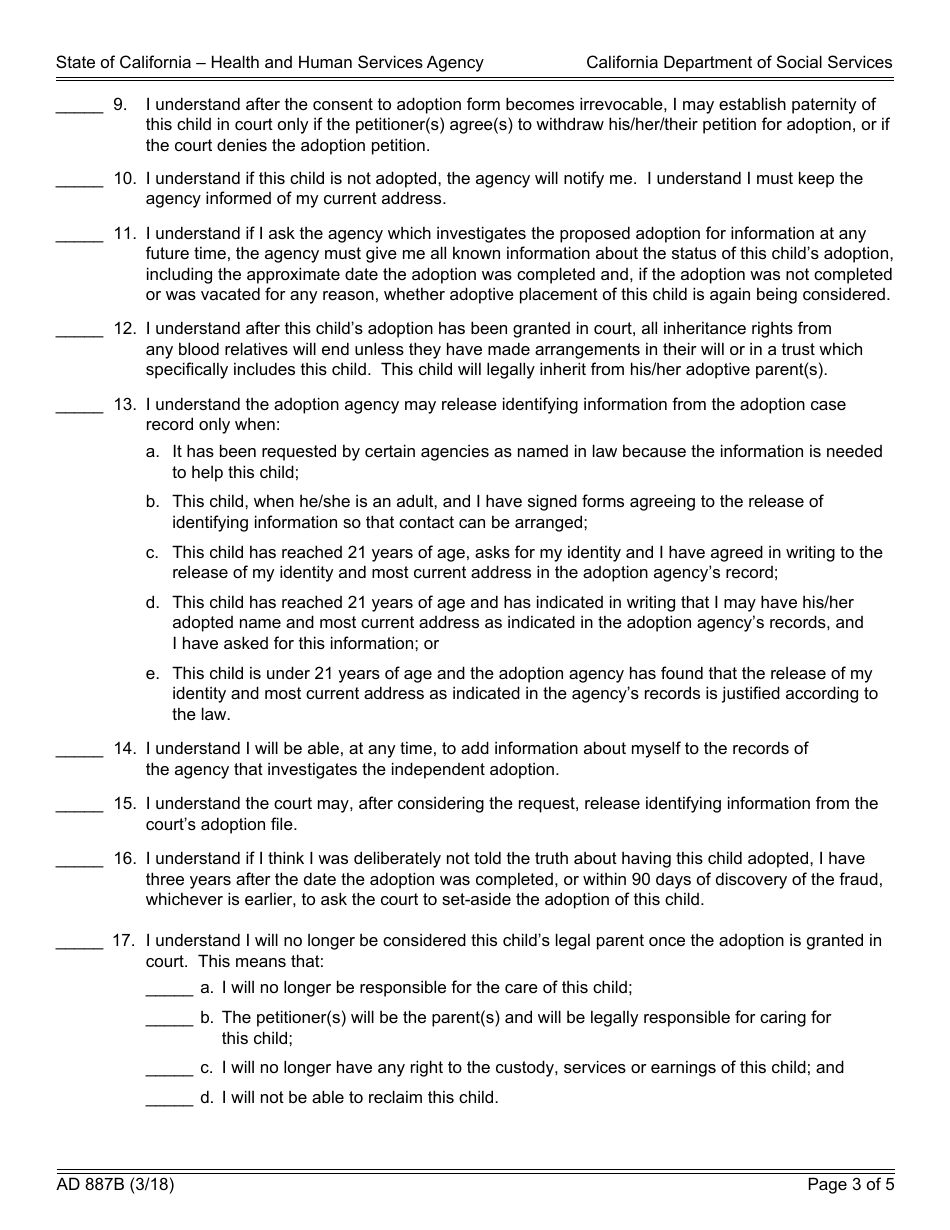 Form AD887B Statement of Understanding Independent Adoptions Program - Alleged Father - California, Page 3