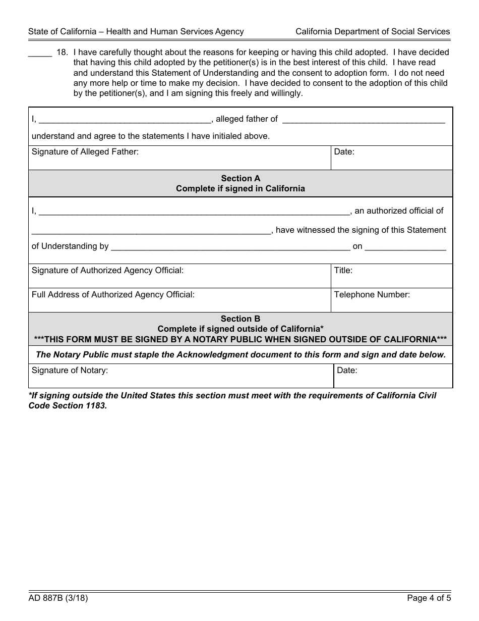 Form AD887B Statement of Understanding Independent Adoptions Program - Alleged Father - California, Page 4