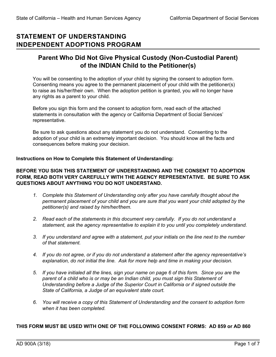 Form AD900A Statement of Understanding - Independent Adoptions Program - California, Page 1